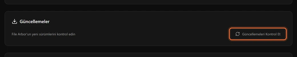Hakkında sayfasının güncelleme bölümü ve Güncellemeleri Kontrol Et düğmesi
