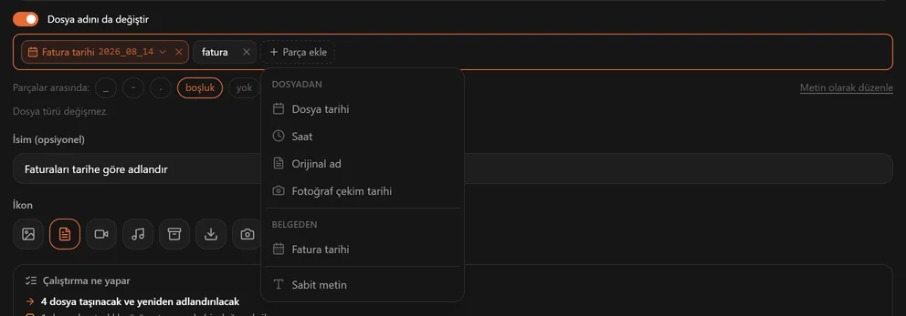 Parça ekle menüsü: Dosyadan başlığı altında Dosya tarihi, Saat, Orijinal ad ve Fotoğraf çekim tarihi, Belgeden başlığı altında Fatura tarihi, ardından Sabit metin