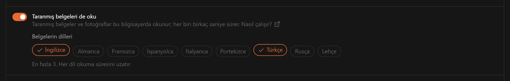 Taranmış belgeleri de oku anahtarı ve belgelerin dokuz dili